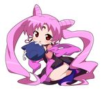  bad_id bad_pixiv_id bishoujo_senshi_sailor_moon black_lady chibi chibi_usa crescent crystal_earrings double_bun dress earrings facial_mark forehead_mark jewelry long_hair luna-p meiro_(yuu) older pink_hair red_eyes side_slit tongue 