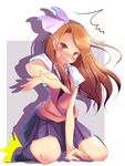  1girl bad_id bad_pixiv_id blush highres idolmaster idolmaster_(classic) idolmaster_2 long_hair minase_iori natsu_(anta_tte_hitoha) open_mouth outstretched_arm outstretched_hand reaching sitting solo sweatdrop 