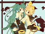  animal_ears aqua_eyes aqua_hair bad_id bad_pixiv_id blonde_hair bow cosplay detached_sleeves gen_1_pokemon gen_4_pokemon hair_bow hair_ribbon hatsune_miku kagamine_rin kanamori_mao leaf leafeon long_hair multiple_girls necktie pikachu pokemon ribbon short_hair skirt smile tail thighhighs twintails very_long_hair vocaloid yellow_eyes zettai_ryouiki 