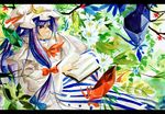  book bow branch crescent crystal flower hair_bow hand_on_own_face hat letterboxed patchouli_knowledge purple_hair red_eyes robe solo striped touhou tsurukame 