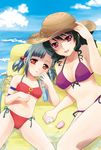  bikini black_hair blue_hair braid breasts child cleavage cloud day dominura front-tie_top hair_bobbles hair_ornament hat kiryuu_aoko lipstick makeup medium_breasts multiple_girls nail_polish navel outdoors red_eyes red_nails rimone side-tie_bikini simoun sky small_breasts smile straw_hat swimsuit twintails water 