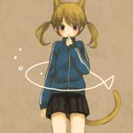  :&lt; animal_ears bad_id bad_pixiv_id blonde_hair blue_eyes blush cat_ears cat_tail fish jacket long_hair mizutamako original skirt solo tail track_jacket twintails 