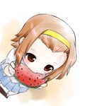  bad_id bad_pixiv_id brown_eyes brown_hair eating food forehead fruit hairband holding holding_food holding_fruit k-on! kogaku_kazuya school_uniform skirt solo tainaka_ritsu watermelon yellow_hairband 