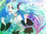  aqua_eyes aqua_hair aqua_nails bare_shoulders detached_sleeves hands hatsune_miku headphones kayako_(tdxxxk) long_hair nail_polish necktie smile solo very_long_hair vocaloid 