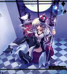  :3 absurdres black_wings breasts cat chair checkered checkered_floor cleavage copyright_request crown feet foreshortening from_above full_moon highres izumi_tsubasu legs long_hair looking_at_viewer medium_breasts moon night perspective pov_feet scan scan_artifacts sitting solo_focus staff taut_clothes white_wings window wings 