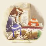  90s ahoge artist_request blue_hair book brown_hair closed_eyes cup frown glasses hood hoodie kotatsu long_hair lying mug multiple_girls neo_ranga official_art open_mouth orange_hair ponytail reading shimabara_minami shimabara_ushio shimabara_yuuhi short_hair table tatami yellow_eyes 