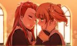  arumaji_(kiss_kill_lila) blush chin_grab hairband idolmaster idolmaster_(classic) long_hair minase_iori multiple_girls saliva saliva_trail sepia short_hair takatsuki_yayoi wrist_grab yuri 