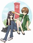  1girl blue_eyes brown_hair denim full_body japanese_cylindrical_postbox japanese_postal_mark jeans kajiro_miyako long_hair pant pants postbox_(outgoing_mail) sasakura_towa shoes short_sleeves simple_background siren sneakers suda_kyouya tank_top white_background 