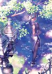  alternate_costume blue_eyes braid china_dress chinese_clothes dappled_sunlight dress geister high_heels izayoi_sakuya lamppost no_lineart pantyhose shoes short_hair signature solo sunlight touhou tree tree_shade under_tree white_hair 