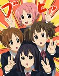  black_hair brown_eyes brown_hair dodome-iro_mayonnaise face hands hirasawa_ui k-on! long_hair miura_akane multiple_girls nakano_azusa neck_ribbon parody pink_hair ponytail red_ribbon ribbon salute school_uniform short_hair suzuki_jun twintails vulcan_salute 