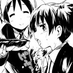  bread eating face feeding food greyscale hirasawa_ui k-on! monochrome multiple_girls school_uniform sexually_suggestive short_hair suzuki_jun watarai_keiji 
