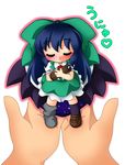  bad_id bad_pixiv_id black_hair bow chibi green_bow hair_bow in_palm long_hair minigirl out_of_frame pov pov_hands reiuji_utsuho shinjitsu solo_focus touhou unyu wings yin_yang 