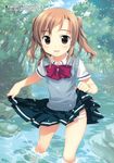  absurdres bow brown_hair day highres long_hair open_mouth original outdoors panties pleated_skirt short_sleeves skirt skirt_lift solo splashing stream sweater_vest tree two_side_up underwear wading water white_panties yan-yam 
