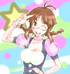  aidama_(td1143) akizuki_ritsuko braid brown_eyes brown_hair cross cute_&amp;_girly_(idolmaster) glasses idolmaster idolmaster_(classic) jewelry long_hair necklace one_eye_closed solo twin_braids 