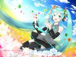  flowers hatsune_miku headphones thigh-highs tie twintails vocaloid 