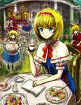  alice_margatroid aqua_eyes bad_id bad_pixiv_id blonde_hair book bow capelet cup doll food hairband long_hair shanghai_doll short_hair sketch solo tafuto tea teapot touhou 