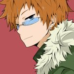  blue_eyes close-up earrings face fairy_tail fur_trim glasses jewelry loke_(fairy_tail) looking_back lowres male_focus mari_audio orange_hair simple_background solo spiked_hair 