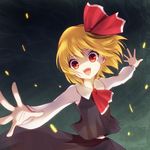  &gt;:) :d bad_id bad_pixiv_id blonde_hair fangs hair_ribbon nunucco open_mouth outstretched_arms outstretched_hand red_eyes ribbon rumia short_hair slit_pupils smile solo spread_arms touhou v-shaped_eyebrows 