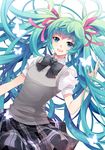  aqua_eyes aqua_hair bow bowtie bug butterfly hair_ribbon hatsune_miku insect joycejiang long_hair ribbon school_uniform simple_background skirt smile solo very_long_hair vocaloid 