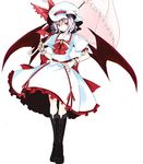  bad_id bad_pixiv_id bat_wings blue_hair boots bow brooch cross-laced_footwear dress full_body hat hat_bow jewelry knee_boots lace-up_boots lavender_hair looking_at_viewer nail_polish parasol red_eyes remilia_scarlet ribbon short_hair simple_background solo standing takaharu touhou tsurime umbrella white_background wings wrist_cuffs 