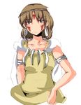  bare_arms brown_eyes brown_hair cape earrings facepaint headband jewelry mononoke_hime necklace no_nose san short_hair simple_background solo umakatsuhai white_background 