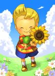  blonde_hair cha_kuro_(limo) closed_eyes cloud day flower lucas male_focus md5_mismatch mother_(game) mother_3 quiff shirt shoes shorts smile sneakers solo striped striped_shirt sunflower 