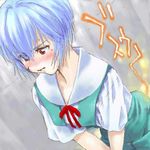  ayanami_rei blue_hair blush dutch_angle fart lowres neon_genesis_evangelion non-web_source oekaki red_eyes school_uniform short_hair smell solo sweat 