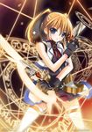  blue_eyes cross_mirage dual_wielding gun holding lyrical_nanoha magic_circle mahou_shoujo_lyrical_nanoha_strikers mycstea octagram orange_hair solo star_of_lakshmi teana_lanster thighhighs twintails weapon zettai_ryouiki 