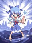  bad_id bad_pixiv_id barefoot blue_eyes blue_hair blush_stickers cirno feet heart heart_in_mouth ice ice_sculpture morujii open_mouth smile solo star thumbs_up touhou 