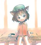  :d animal_ears bad_id bad_pixiv_id blush_stickers brown_eyes brown_hair cat_ears cat_tail chen fang hat head_tilt open_mouth rondo_bell short_hair sitting smile solo tail touhou veranda 