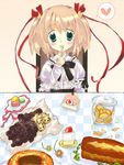  artist_request blonde_hair candy checkered dress eating food green_eyes heart kamikita_komari little_busters! macaron pastry ribbon short_hair solo twintails 