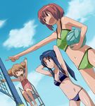  \o/ aisaka_taiga alternate_hairstyle arms_behind_head arms_up ball beach_volleyball bikini blonde_hair blue_hair breasts cleavage day double_bun dutch_angle imo_works kawashima_ami kushieda_minori long_hair medium_breasts midriff multiple_girls navel o_o one-piece_swimsuit open_mouth outdoors outstretched_arms pointing ponytail red_hair short_hair sitting small_breasts smile swimsuit toradora! volleyball whistle 