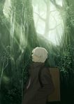  backpack bag cigarette coat edo_umi forest ginko hair_over_one_eye hands_in_pockets male_focus mushishi nature smoking solo tree white_hair 