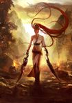  bird dual_wielding fire heavenly_sword highres holding long_hair nariko official_art red_hair solo sword talexi very_long_hair weapon 