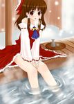  alcohol between_thighs blush breath brown_hair detached_sleeves hakurei_reimu onsen red_eyes saitou_kouichi sake sitting snow snowing soaking_feet solo steam touhou tray v_arms water 