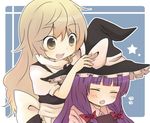  :d :o apron bangs blonde_hair blunt_bangs blush bow hair_bow hat kirisame_marisa multiple_girls open_mouth patchouli_knowledge puffy_short_sleeves puffy_sleeves red_bow sakeko short_sleeves sidelocks smile touhou upper_body waist_apron wince witch_hat 