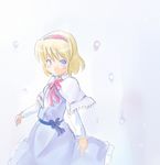  alice_margatroid belt blonde_hair blue_dress blue_eyes capelet cowboy_shot dress long_sleeves looking_at_viewer ogu short_hair simple_background solo standing touhou white_background 