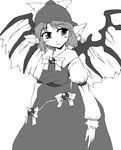  blush dress greyscale long_sleeves looking_at_viewer monochrome mystia_lorelei pointy_ears simple_background solo standing touhou white_background wings you_naka 