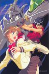  1girl 90s black_hair brown_eyes brown_hair cape escaflowne green_eyes highres jewelry kanzaki_hitomi komori_takahiro lightning mecha pendant scan school_uniform short_hair sword tenkuu_no_escaflowne van_fanel weapon 