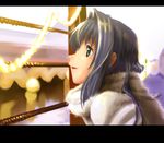  :d blue_hair blurry brown_eyes city_lights from_side fur_trim futari_no_ana kanon long_hair minase_nayuki open_mouth parted_lips profile sideways_mouth smile solo upper_body window 