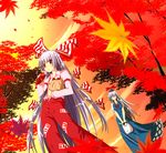  autumn autumn_leaves falling_leaves from_below fujiwara_no_mokou fumihiro kamishirasawa_keine leaf long_sleeves looking_at_viewer multiple_girls ofuda orange_sky pants sky standing touhou 