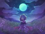  absurdres blonde_hair blue_eyes capelet field flower flower_field from_behind full_moon hair_ribbon highres lily_of_the_valley looking_back medicine_melancholy mito_(calcomer) moon night ribbon short_hair solo standing tears touhou wallpaper 