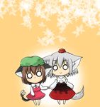  animal_ears brown_hair cat_ears cat_tail chen chibi earrings hat higeneko_(idemoto) highres holding_hands inubashiri_momiji jewelry multiple_girls o_o silver_hair tail touhou wolf_ears wolf_tail 