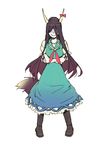  bad_id bad_pixiv_id brown_hair cosplay dress evil_grin evil_smile ex-keine ex-keine_(cosplay) grin highres horns hyakko kamishirasawa_keine katou_haruaki long_hair no_eyes official_art smile solo tail touhou tsubomiya_inori 