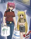  bag blonde_hair blue_eyes blush casual fate_testarossa highres leoheart long_hair lyrical_nanoha mahou_shoujo_lyrical_nanoha mahou_shoujo_lyrical_nanoha_a's multiple_girls pencil_skirt pink_hair red_eyes shopping signum skirt very_long_hair 