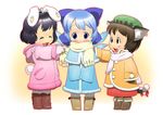  :3 animal_ears blush boots bunny_ears cat_ears cat_tail chen chibi child cirno coat earrings hat inaba_tewi jewelry multiple_girls ogu_(oguogu) pantyhose scarf tail touhou wings winter_clothes younger 