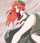  bad_id bad_pixiv_id bare_legs braid china_dress chinese_clothes dress frown glaring hat hong_meiling ica kneepits legs long_hair no_panties red_eyes red_hair ribbon side_slit solo staring touhou twin_braids 