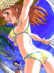  armpits ass bikini blush breasts brown_hair copyright_request covered_nipples day happy hat large_breasts long_hair lowres mu-pyon multiple_girls oekaki outstretched_arms spread_arms straw_hat swimsuit underboob 
