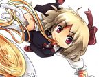  blonde_hair bow commentary dish eating food fork hair_bow holding holding_fork murani noodles red_eyes rumia short_hair solo touhou 