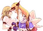  arm_support bad_perspective bare_shoulders barefoot blonde_hair chain eye_contact gourd hase_neet horn horns hoshiguma_yuugi ibuki_suika looking_at_another lying multiple_girls on_back orange_hair profile short_hair straddling tongue touhou yuri 